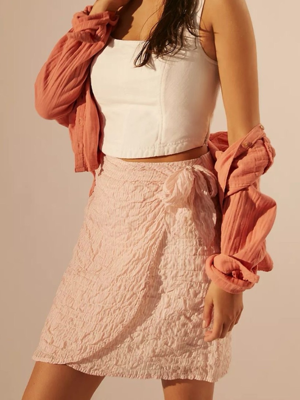 Anthropologie Cloth & Stone Crinkle Mini Wrap Skirt Pink & White Stripe Size XS